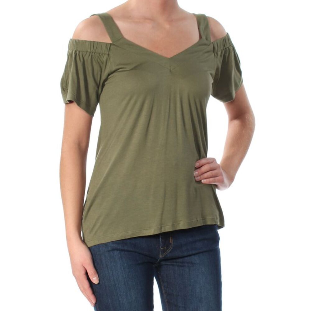 INC Womens Green Cold Shoulder V Neck Top Petites XS